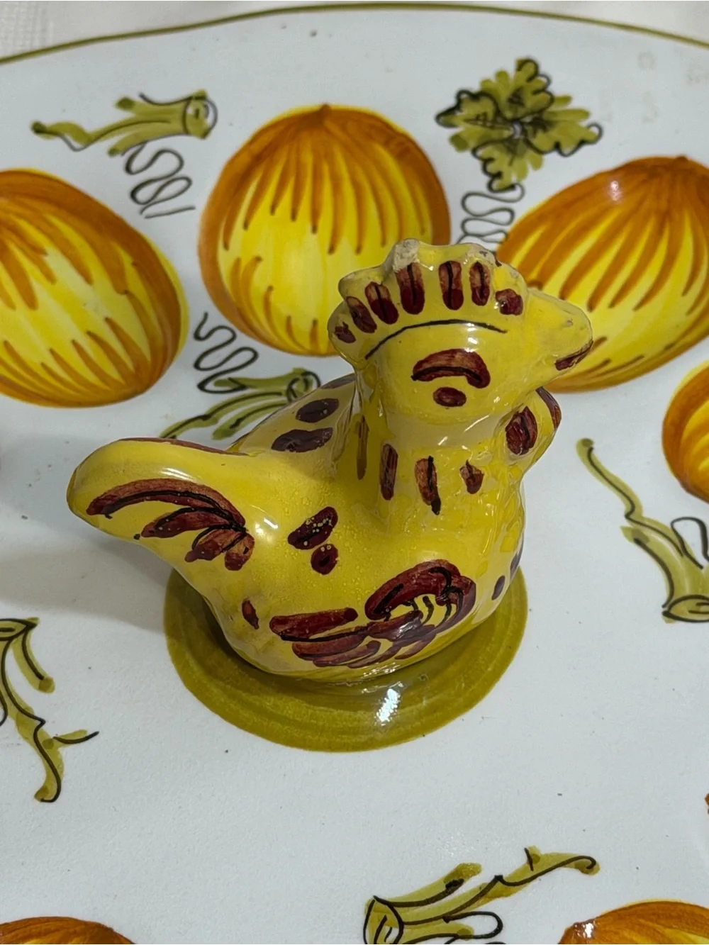 Vintage Devilled Egg Plate With Chicken Handle Hand Painted Ceramic Core Cottage
